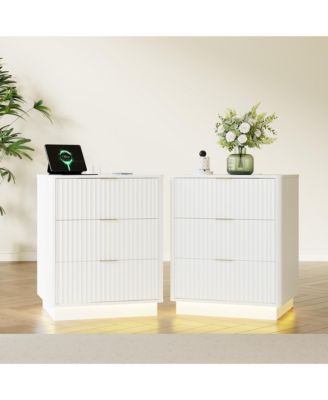 Set of 2 Fluted Nightstands Wooden Night Stand with Charging Station and LED Light, 3-Drawer Bedside Table for Bedroom