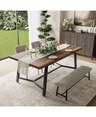 71" Wood Dining Table for 6-8 People, Rectangular Kitchen Table with Metal Legs, Curved Edges and Recessed Footrest for Dining Room