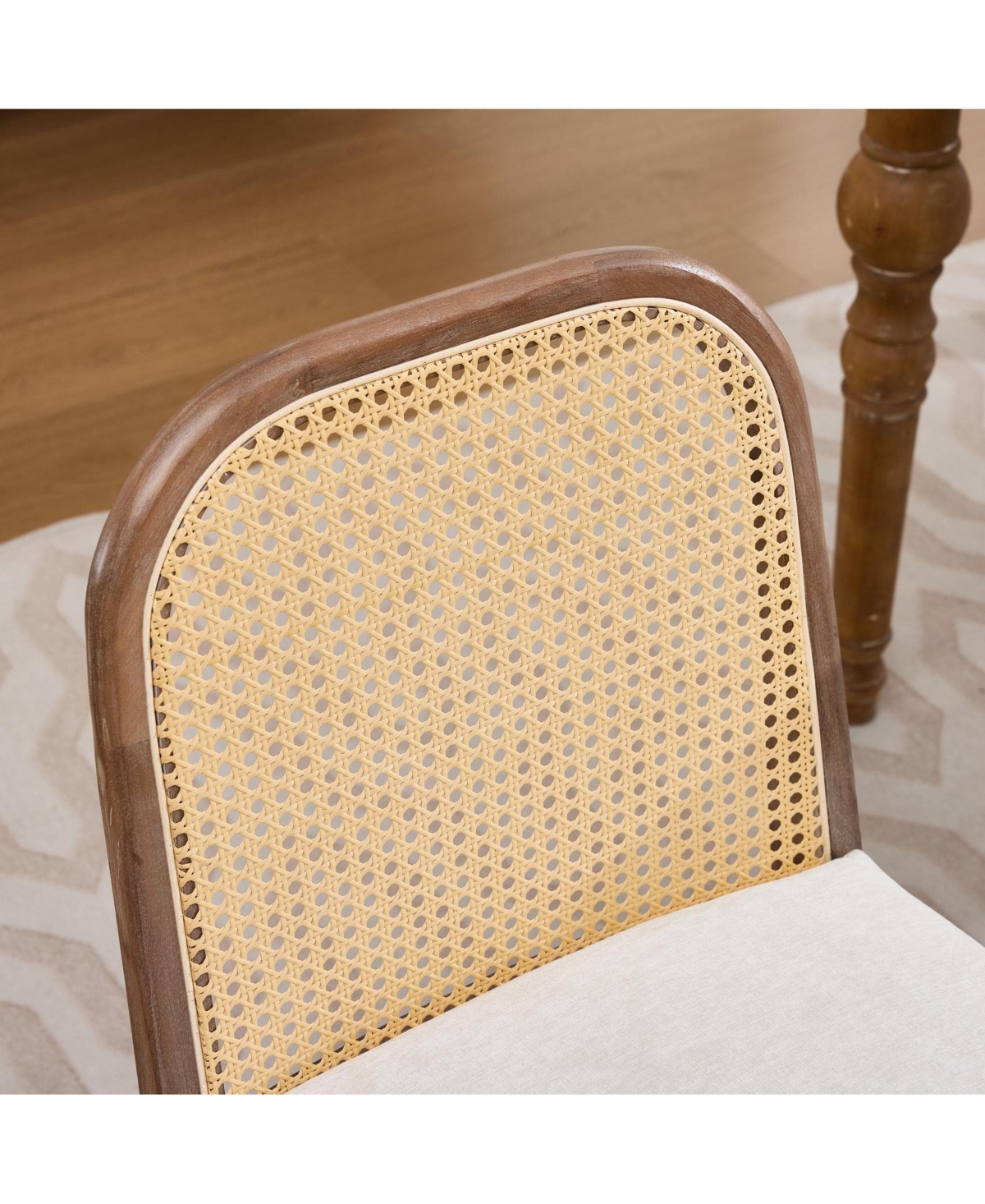 Maison Boucle Set Of 2 Cane Back Dining Chairs, Curved Arched Rattan Back, Chenille Cushion, Armless Mid Century Farmhouse Side Chairs