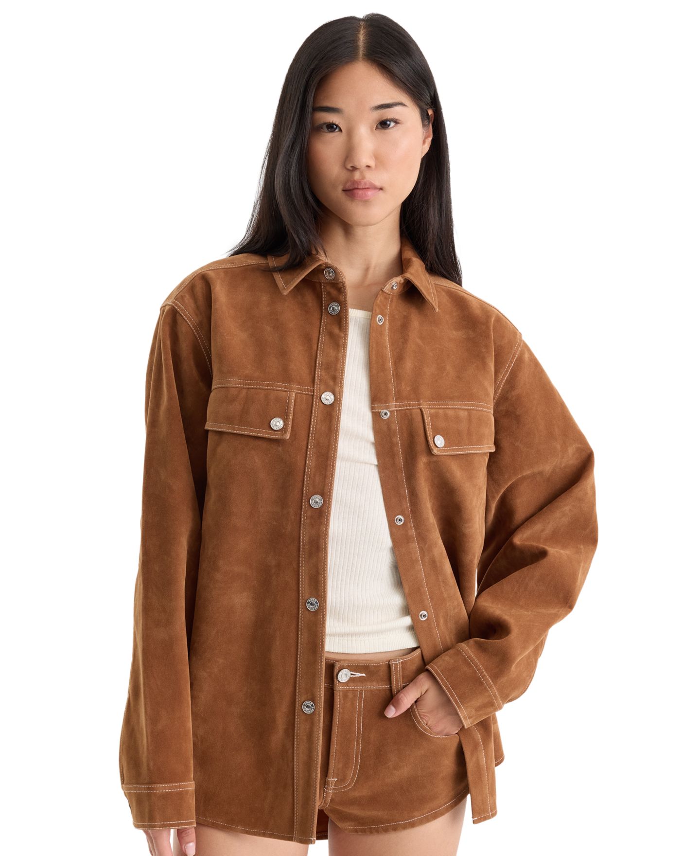 Женская рубашка Good American Faux Suede Collared Button-Front Overshirt, цвет: Глиняный — фото 4