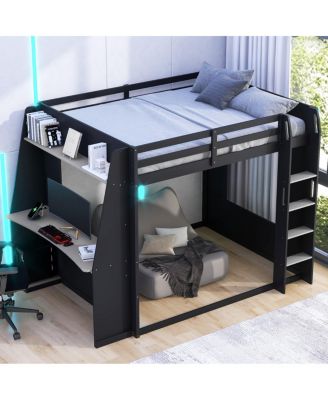 Queen Size Wooden Gaming Bunk Bed with Desk, Storage, USB and LED Light