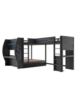 L-Shaped 3-in-1 Full and Twin Gaming Bunk Bed with Desks, Storage and LED Lights