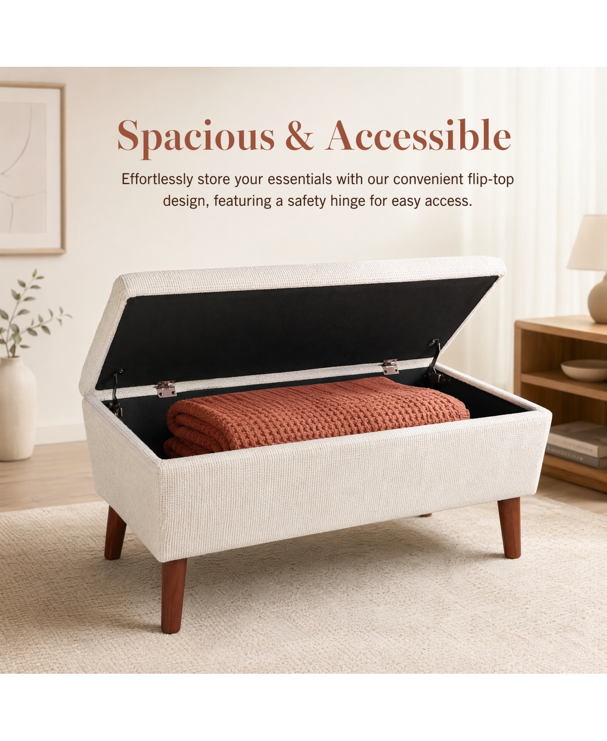 Streamdale Furniture 42" Rectangular Linen Ottoman Bench with Solid Wood Tapered Legs