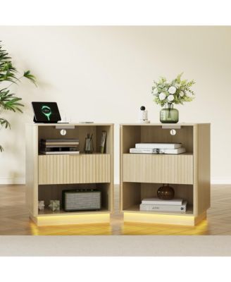 Set of 2 Fluted Nightstands – Wooden Night Stand with Charging Station and LED Light, Bedside End Table with Drawer, 20"x15.7"x24", Wood Tone