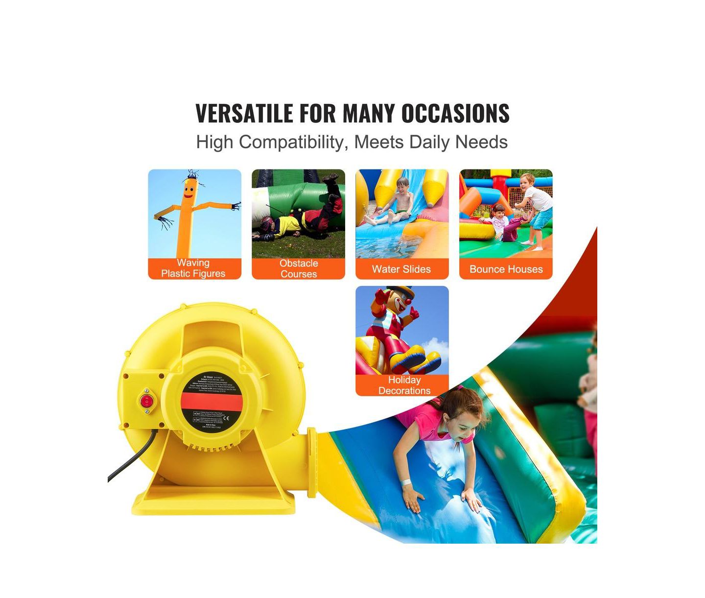 Детские игрушки SUGIFT 450W Inflatable Bounce House Blower Pump Fan with 1750Pa Wind Pressure, цвет: Жёлтый — фото 6