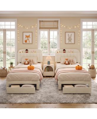 2 Sets Twin Upholstered Platform Bed Set, Bookcase Headboard with Large Storage Drawer, Noise-Free Structure, No Box Spring Required, Easy Assembly