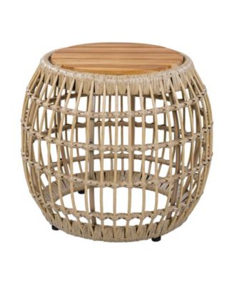 Acacia Wood Outdoor Side Table with Wicker Base, Round Accent Table