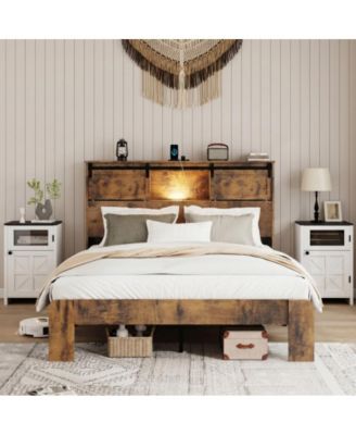 Queen Size Metal Bed Frame with Storage Headboard, USB Charging, Heavy Duty Metal Slats, No Box Spring Needed