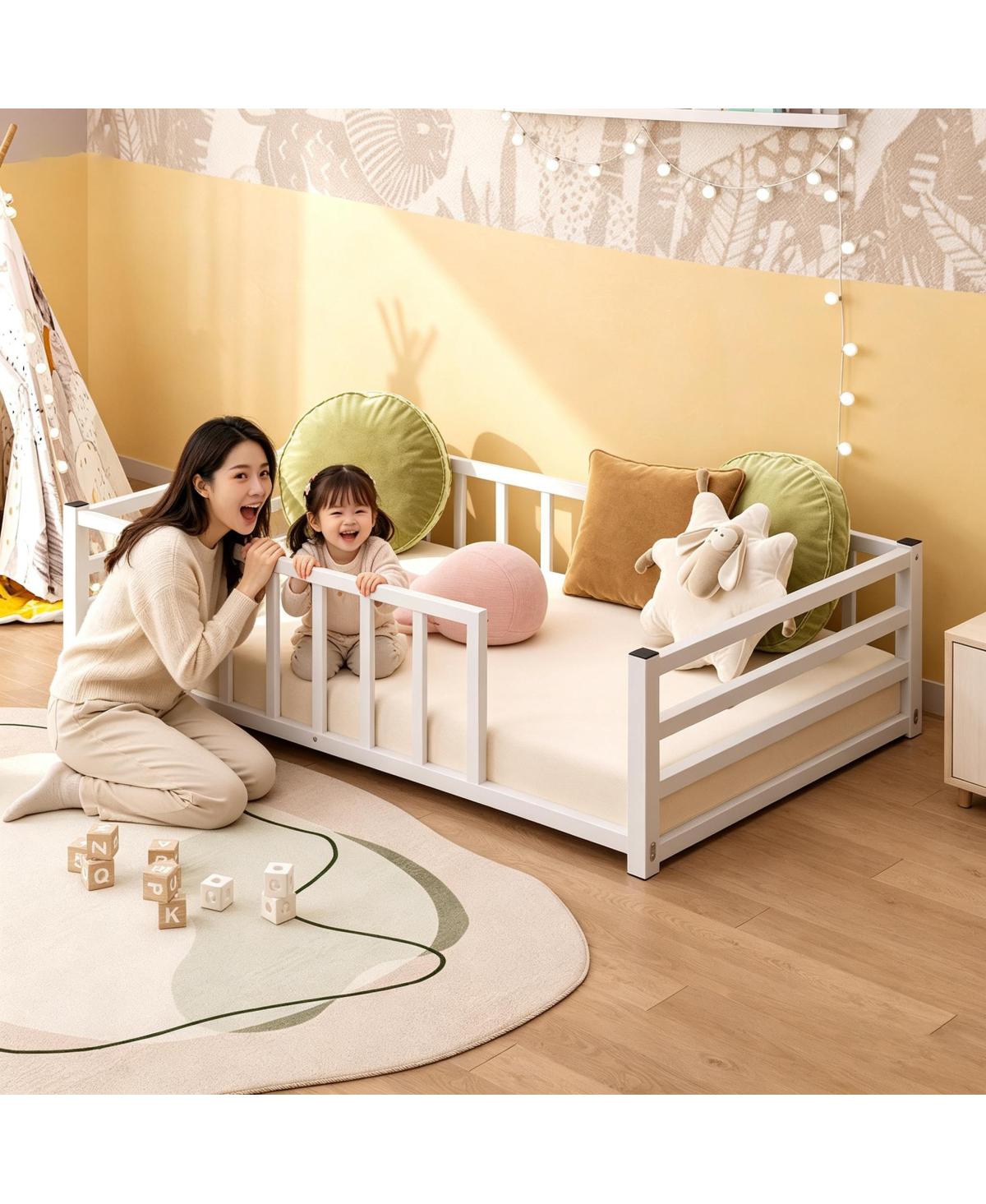 Streamdale Furniture Twin Size Metal Floor Bed with Guardrails