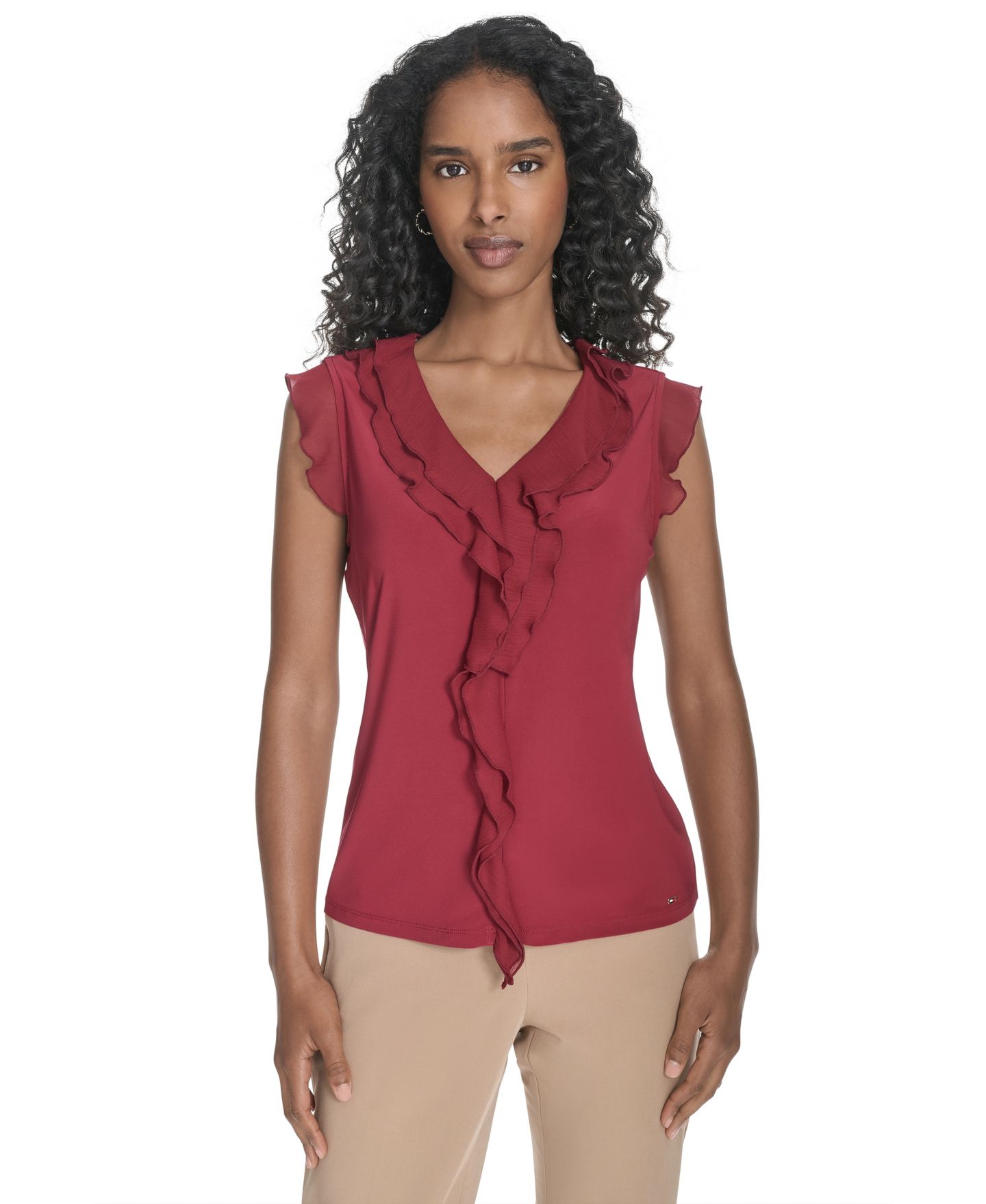 Женский топ Tommy Hilfiger V-Neck Sleeveless Ruffle Top, цвет: Малиновый — фото 4