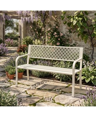 50" Heavy Duty Steel Patio Garden Bench for 2, Outdoor Chair,Weather Resistant, Durable Geometric Backrest, Ideal for Yard, Porch, Deck Seating