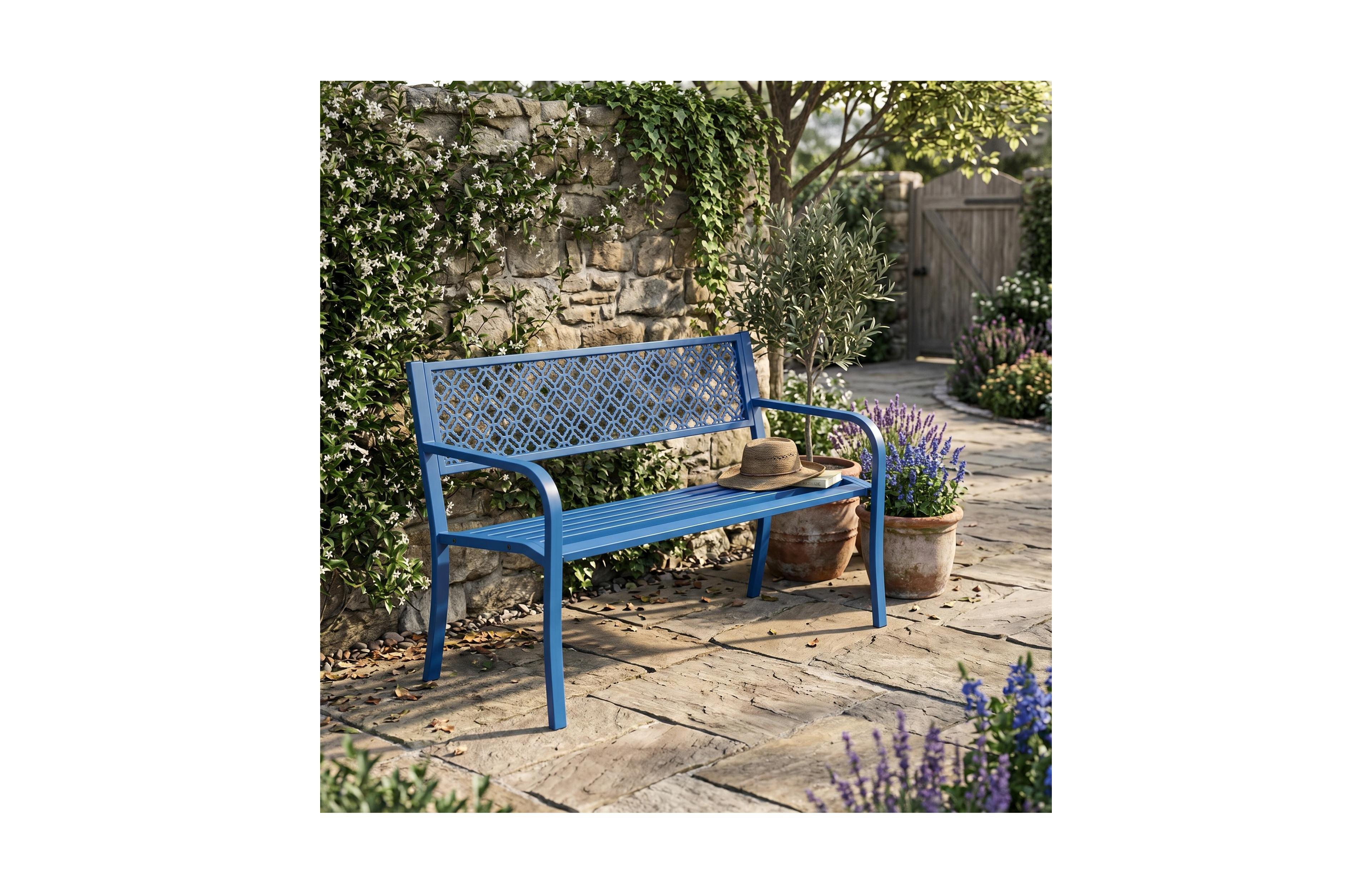 homfan 50" Heavy Duty Steel Patio Garden Bench for 2, Outdoor Chair,Weather Resistant, Durable Geometric Backrest, Ideal Yard, Porch, Deck Seating