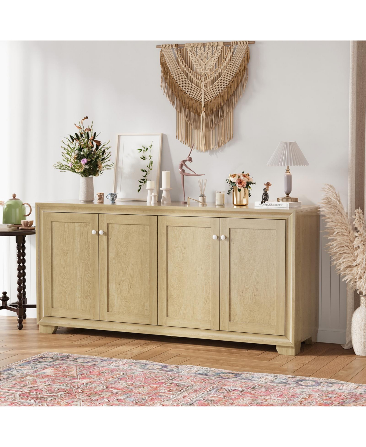 homfan 60" Buffet Cabinet 4-Door Sideboard with Adjustable Shelves, Farmhouse Coffee Bar Console for Living Room and Kitchen
