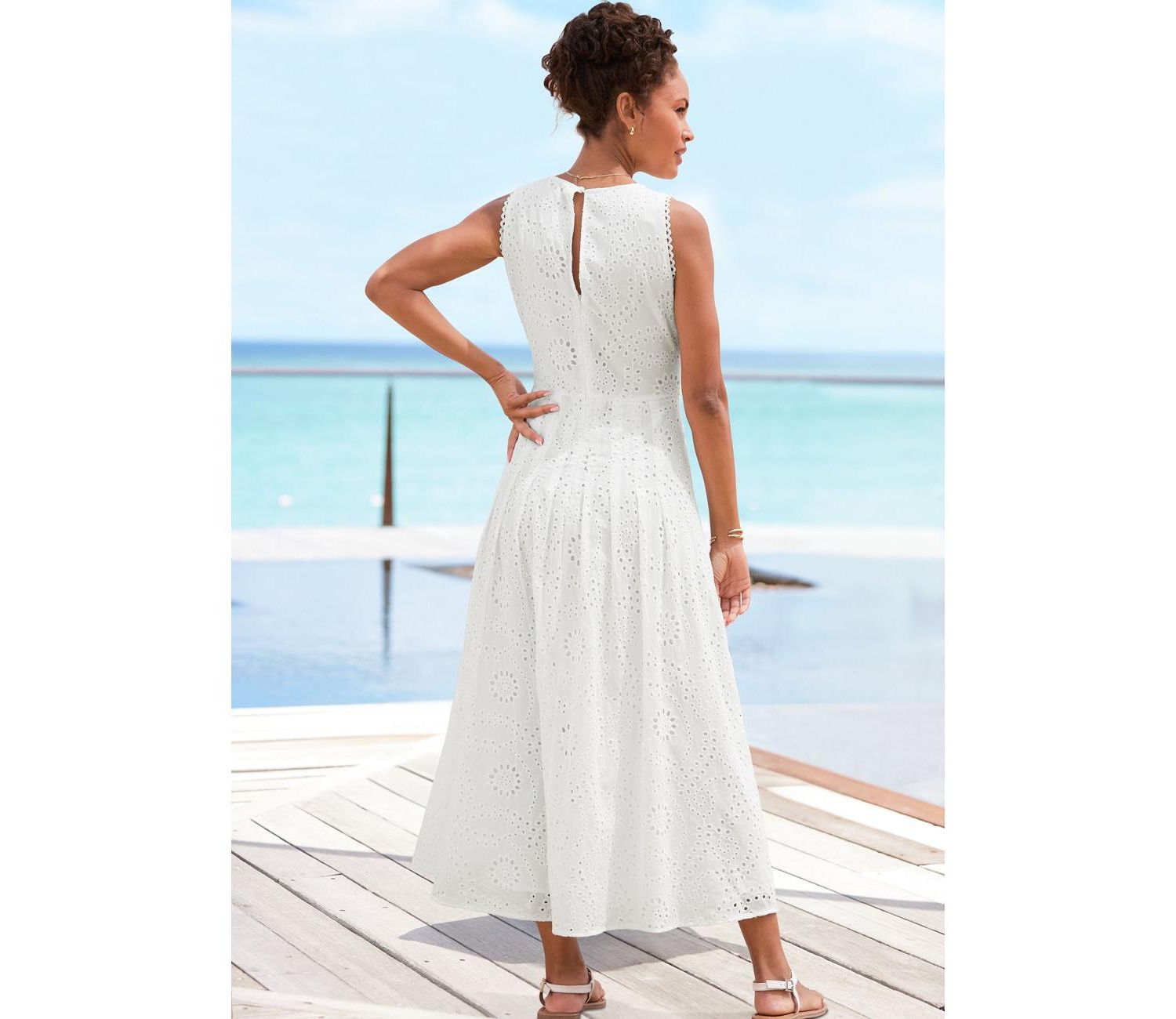 Women's Cotton Sleeveless Eyelet Crochet A-Line Maxi Dress