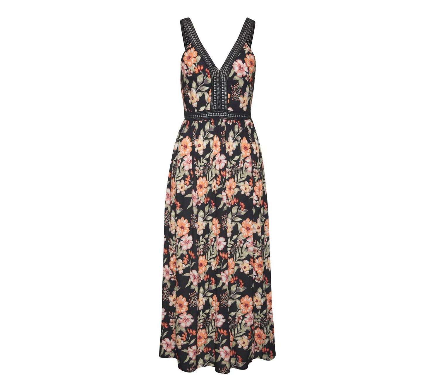 Women's Viscose Floral Print Crochet Detail A-Line V-Neck Maxi Dress