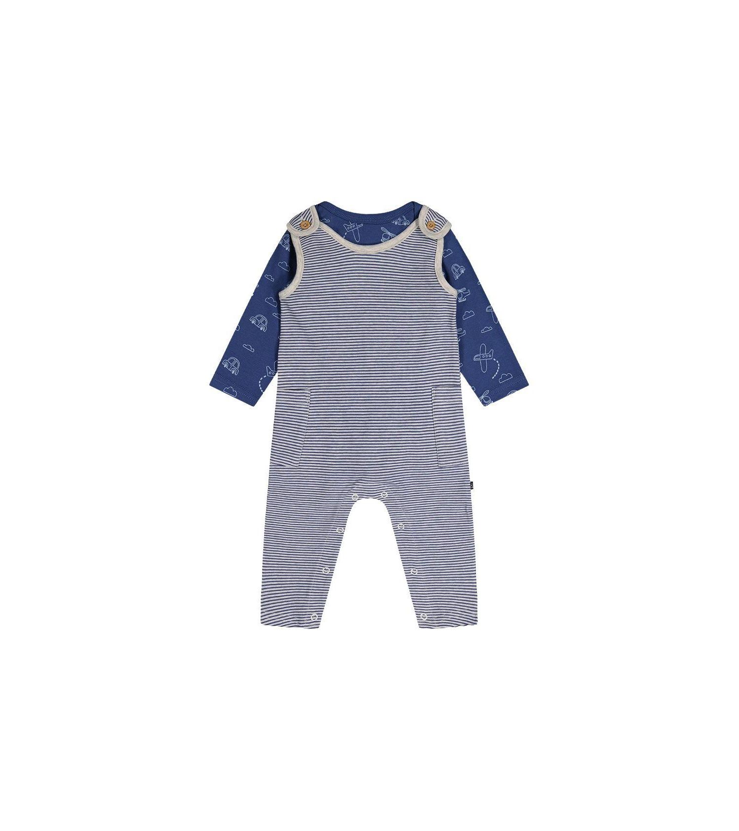 Baby Boy ( 3M to 24 M ) Cotton Onesie with Overalls Set Printed Transportation