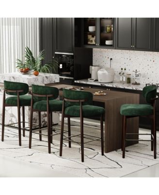 Set of 4 Bar Stools, Linen Upholstered Counter Height Stools with Wood Legs and Back for Kitchen Island