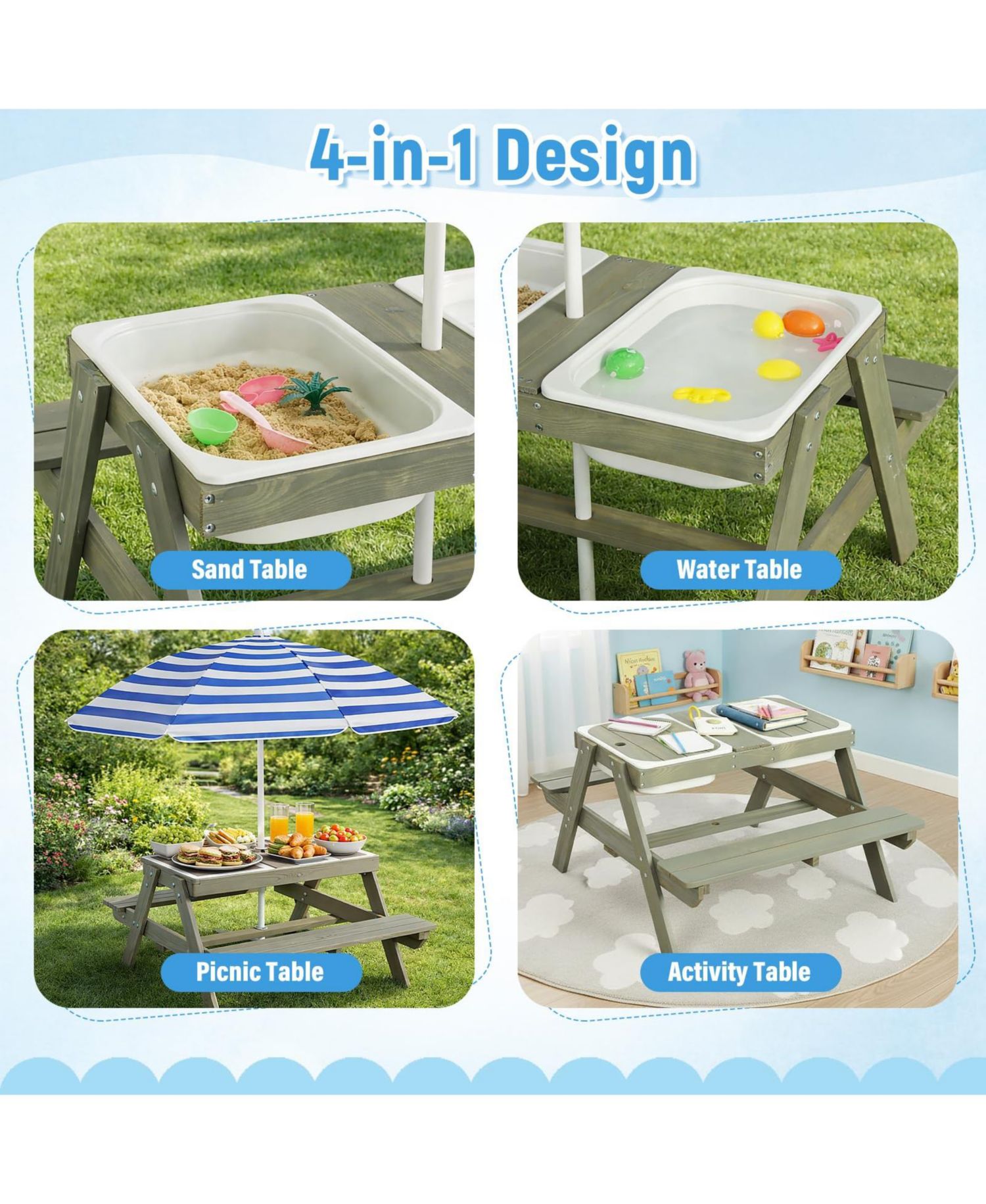 4 in 1 Kids Sand and Water Table, Wooden Sensory Activity Table with Removable Umbrella for Toddlers