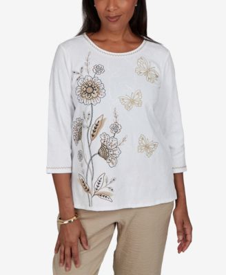 Women's Travel Advisory Floral Butterfly Line Embroidered Top