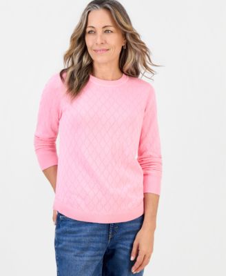 Petite Solid Curved Hem Crew Long-Sleeve Mixed-Textured Stitch Sweater