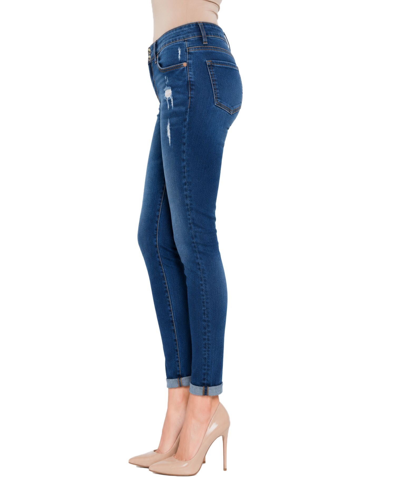 Women's Two Button Tummy Tuck High Rise Roll Cuff Skinny