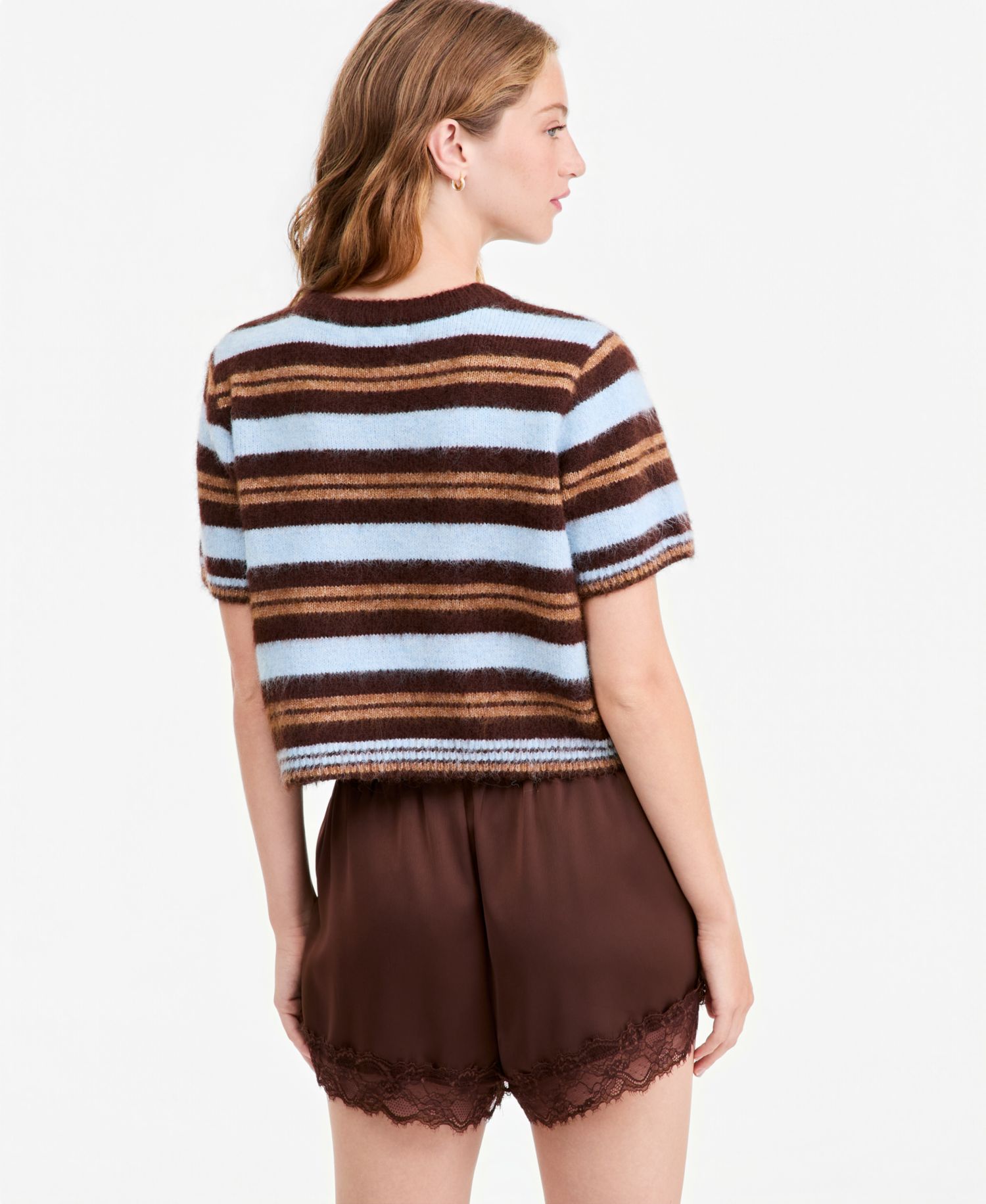 Women's Short-Sleeve Striped Brushed Crop Sweater