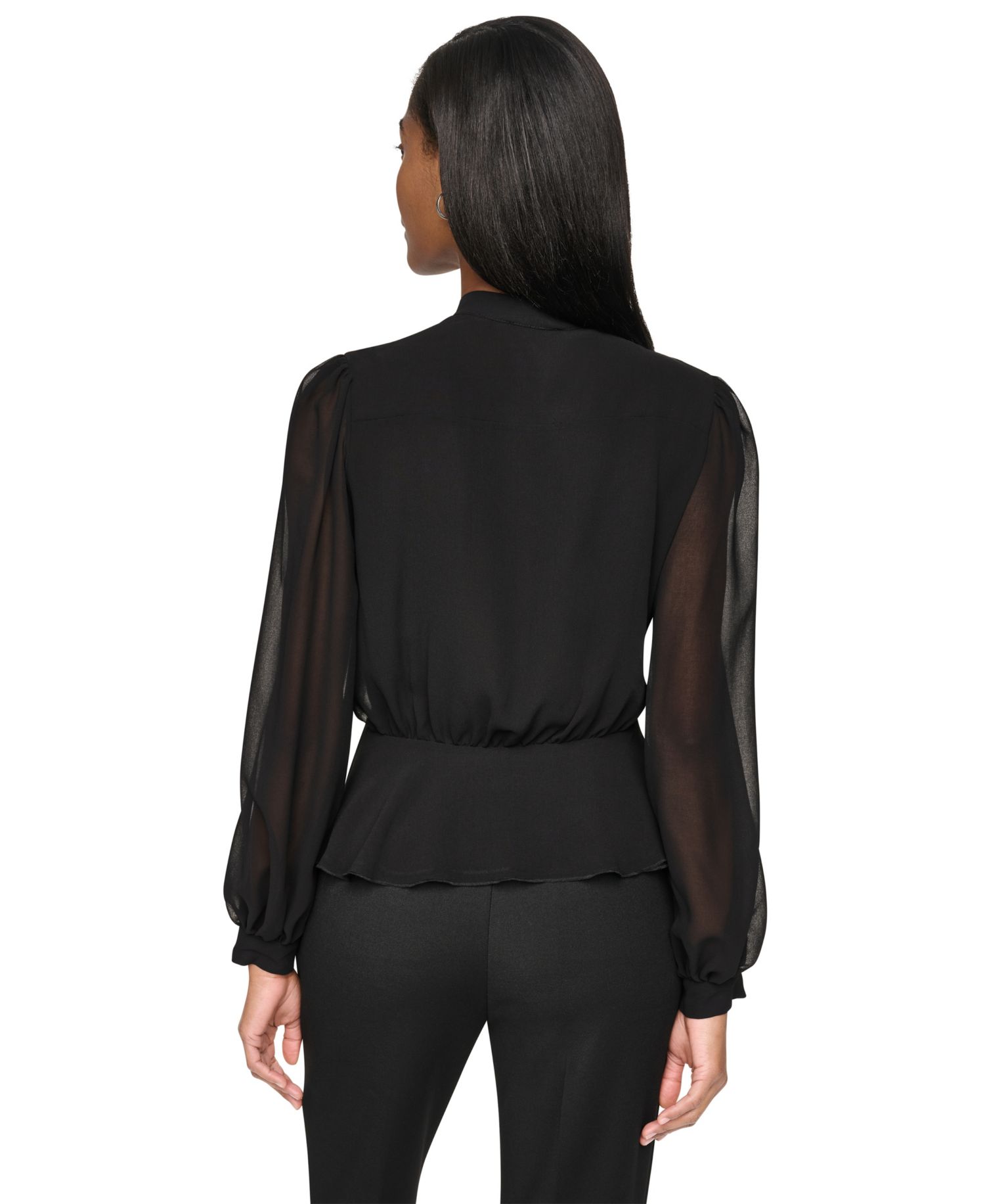 Women's Tie Neck Peplum Long-Sleeve Blouse