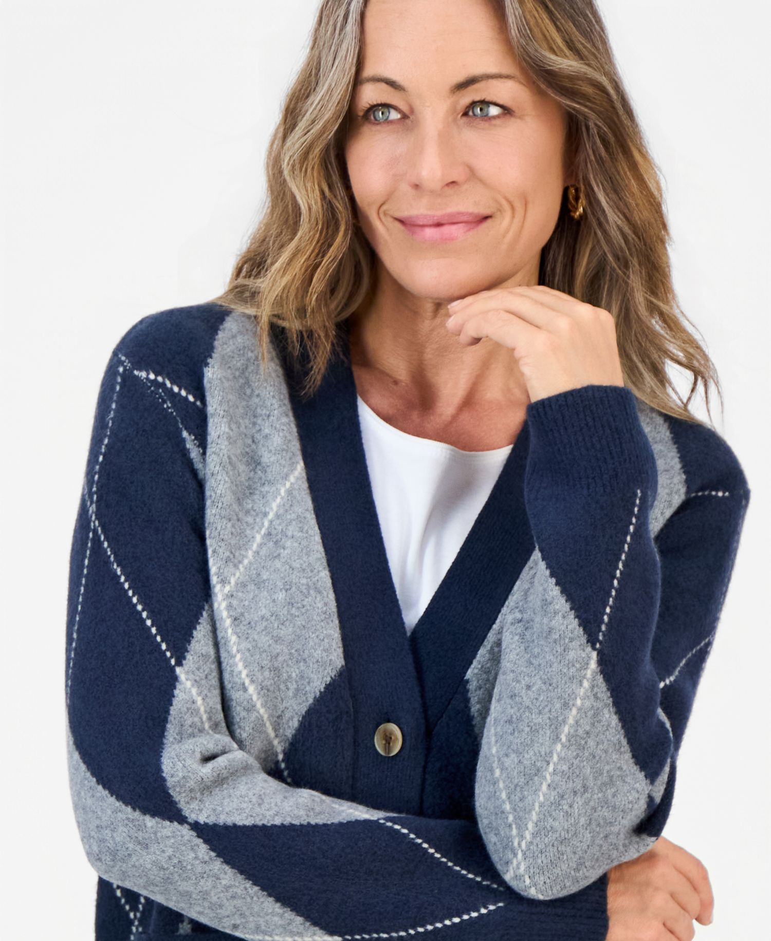 Petite Argyle V-Neck Button-Front Cardigan, Macy's Exclusive