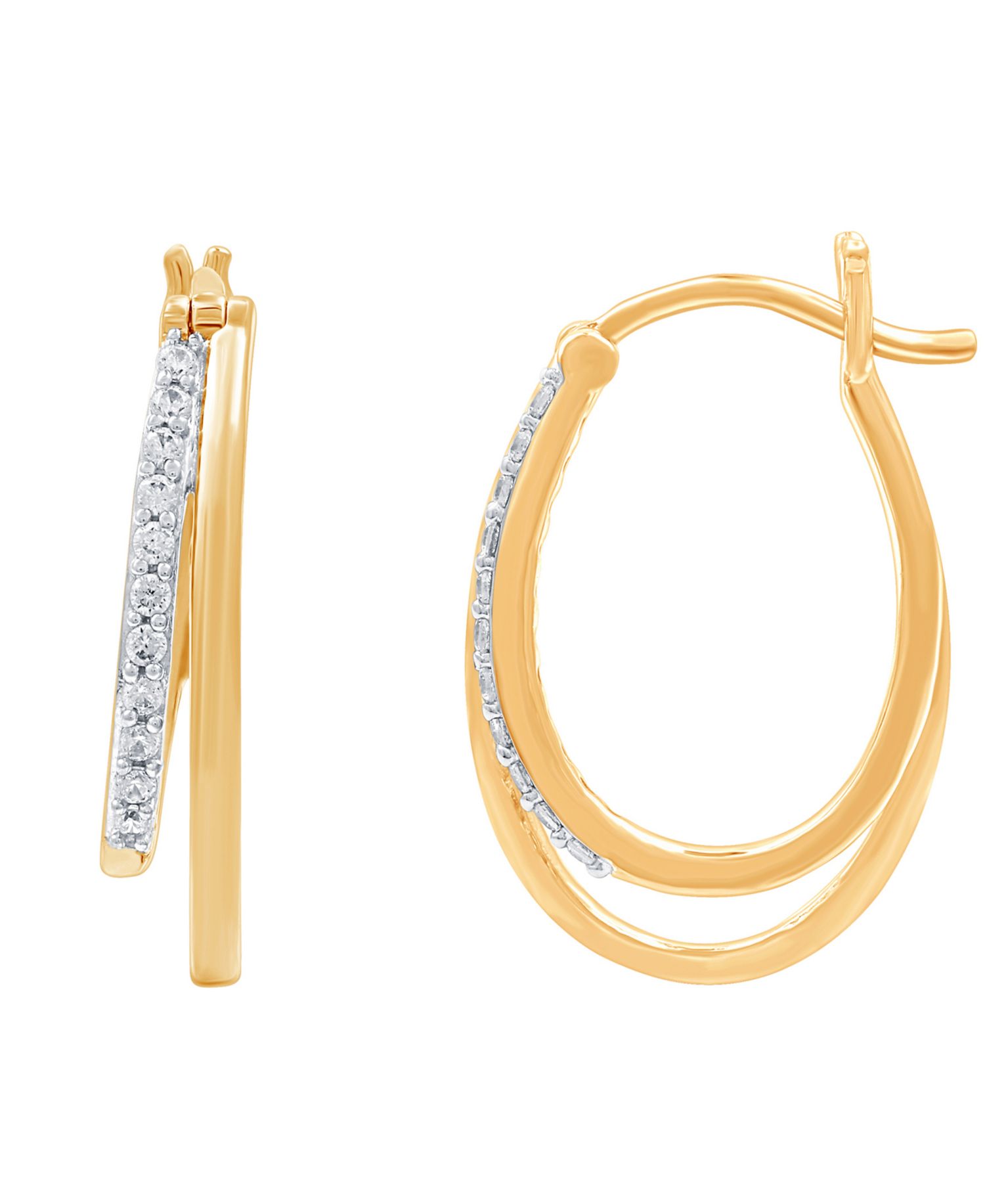 Diamond & Polished Double Oval Hoop Earrings (1/4 ct. t.w.) in Sterling Silver & 14k Gold-Plate