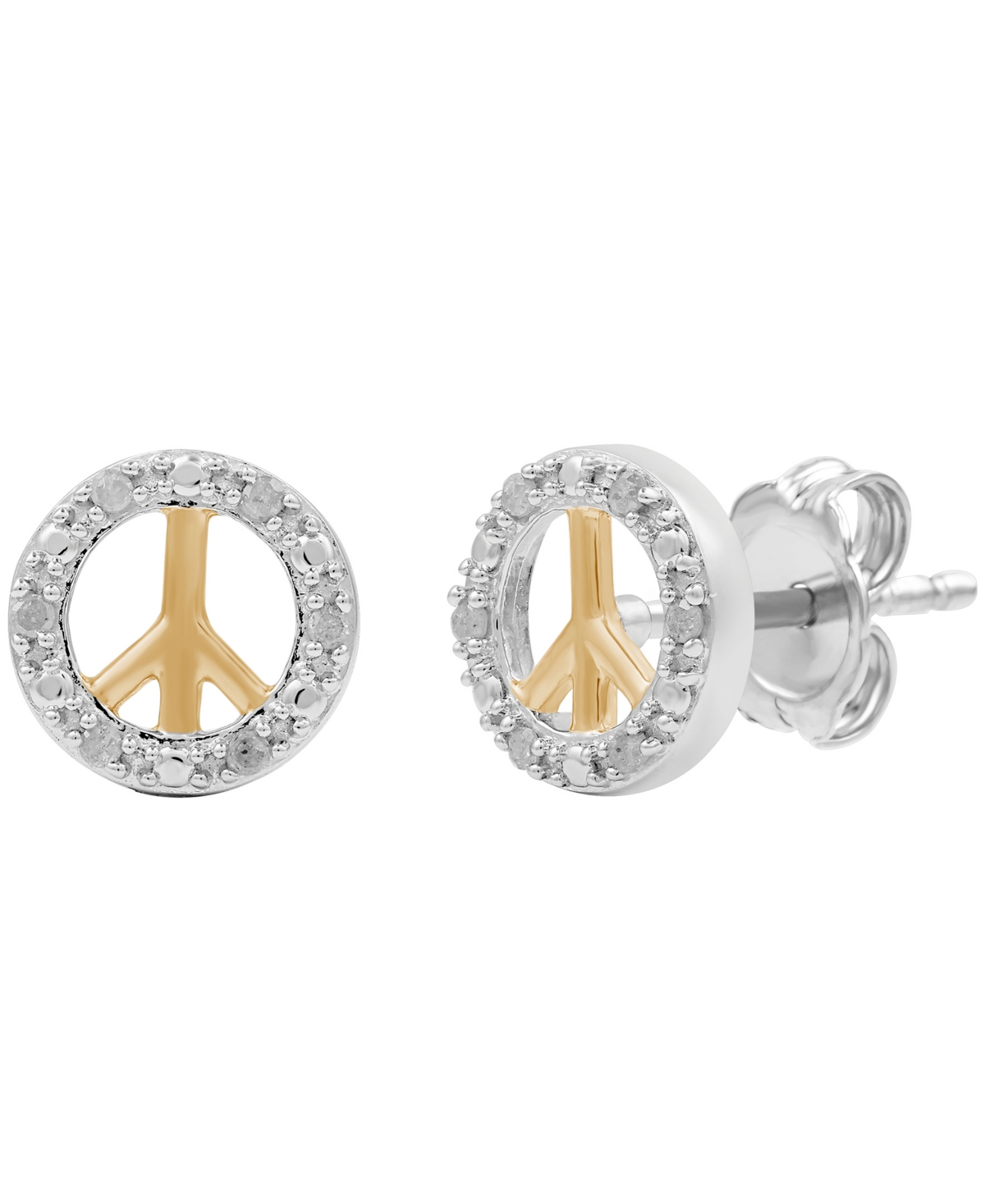 Diamond Peace Sign Stud Earrings (1/10 ct. t.w.) in Sterling Silver & 14k Gold-Plate - Two-Tone