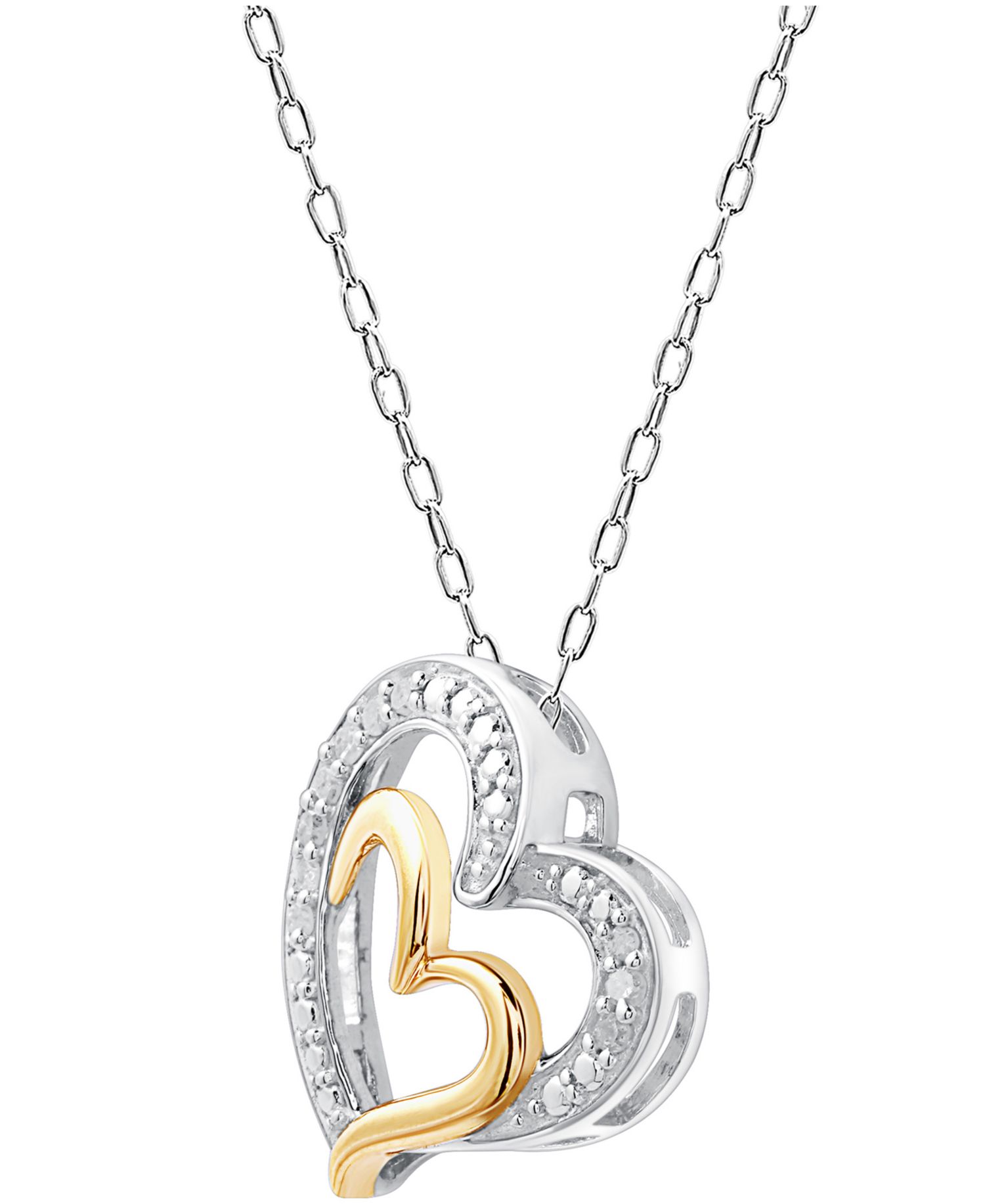 Diamond Double Heart 18" Pendant Necklace (1/10 ct. t.w.) in Sterling Silver & 14k Gold-Plate