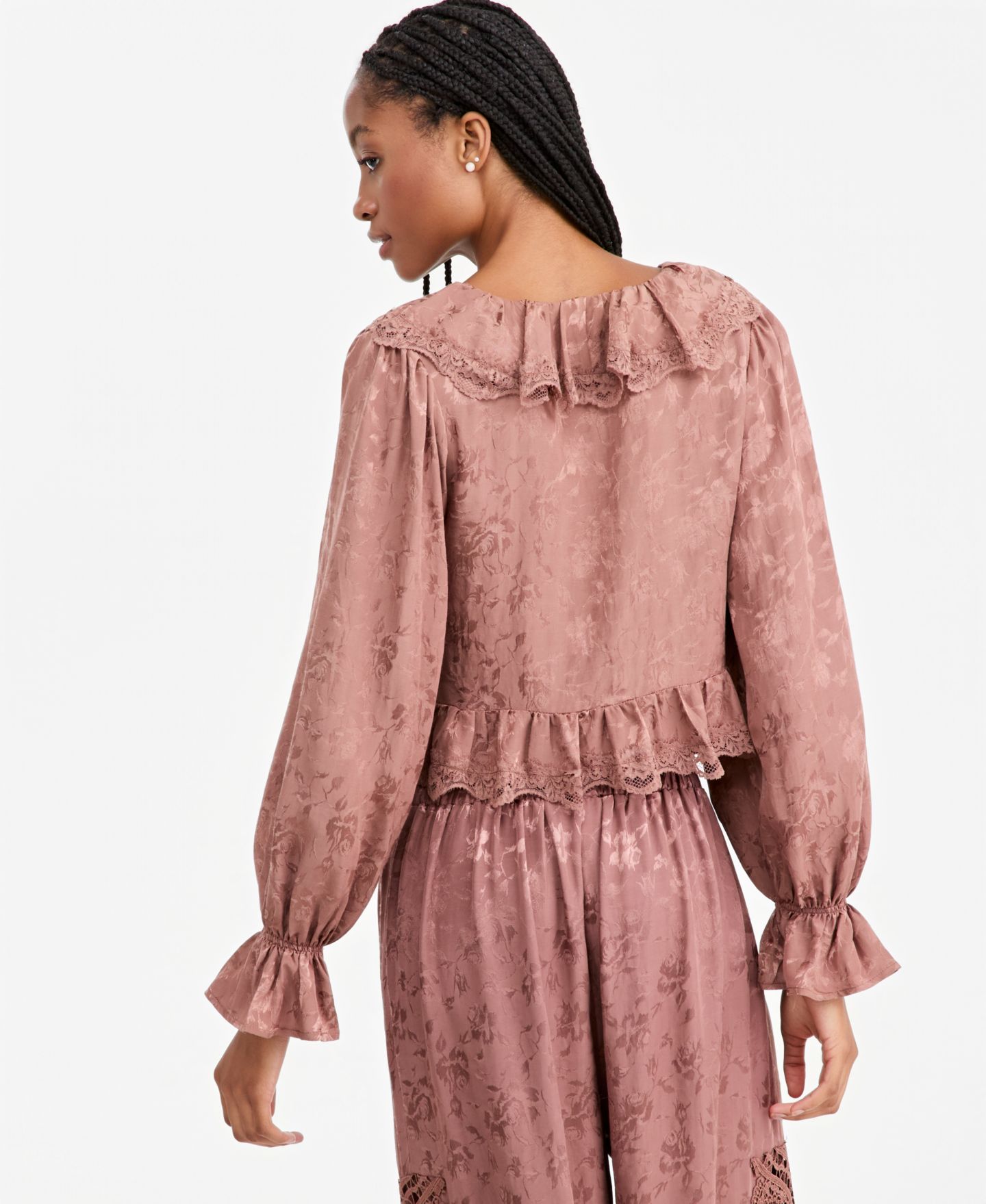 Женская блузка And Now This Petite Balloon-Sleeve Ruffle-Jacquard, цвет: Коричневый розовый — фото 3