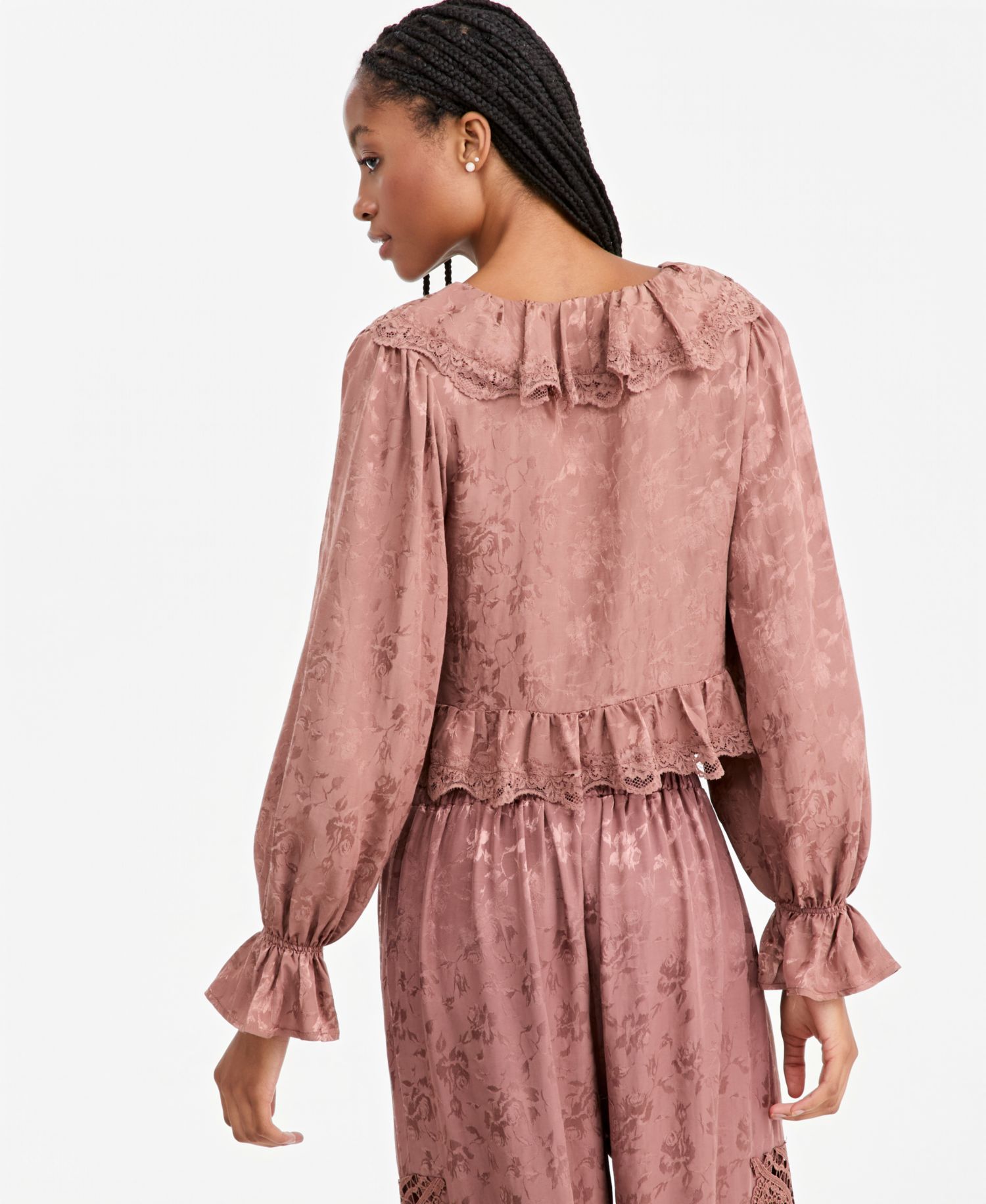 Petite Balloon-Sleeve Ruffle-Jacquard Blouse
