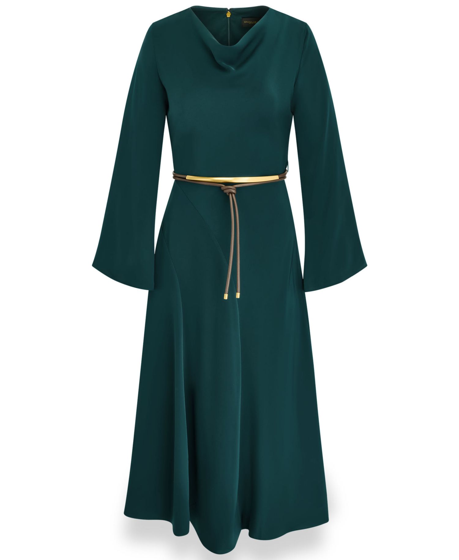 Satin Long-Sleeve Cowl Neck Belted A-Line Dress