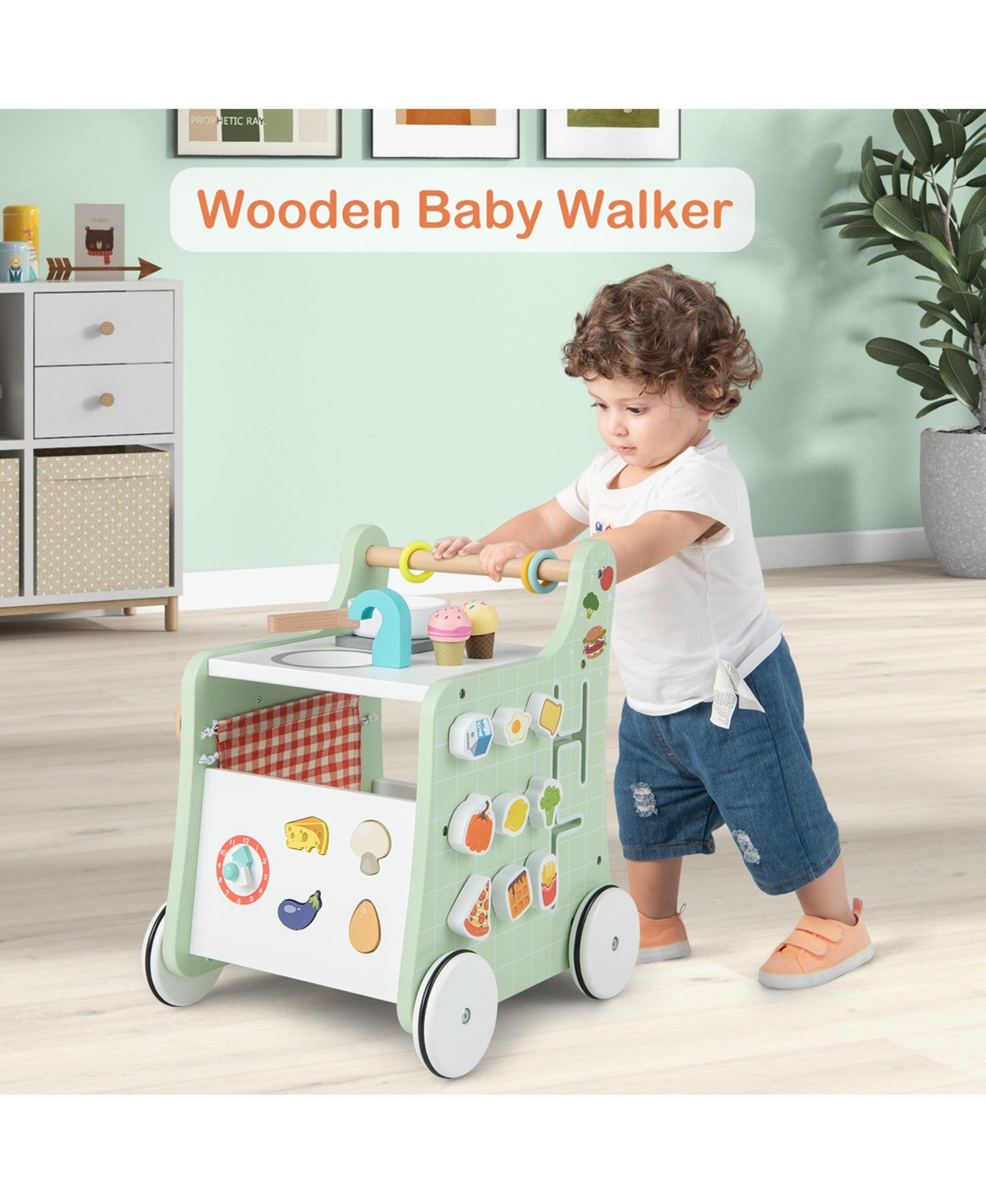 6-in-1 Baby Push Walker Wooden Strollers Activity Center Toy with