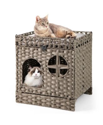 Foldable 2-Tier Rattan Cat Litter Box Enclosure House with Litter Mat