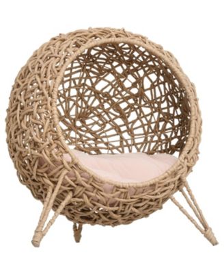 Hand-Woven Wicker Cat Bed House Elevated Condo with Cushion