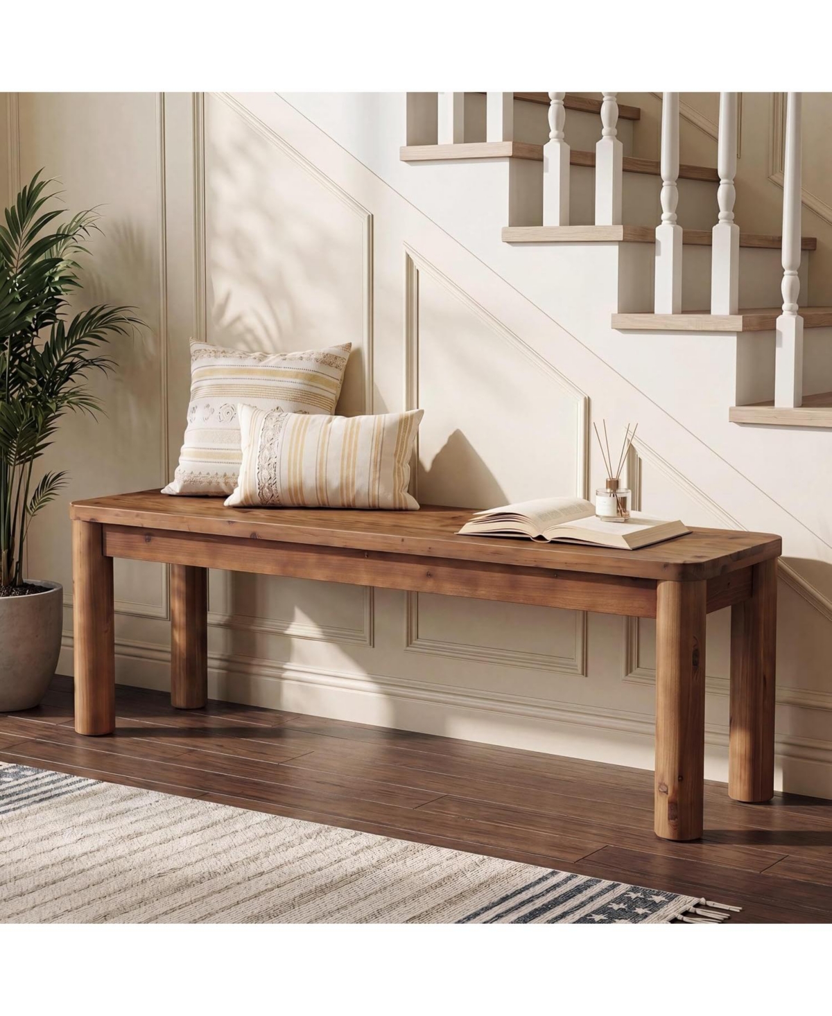 Tribesigns 55 Inch Solid Wood Entryway Bench, Farmhouse Wooden End of Bed Bench, Shoe Bench for Bedroom, Hallway, Living Room, Entry Way, Front Door