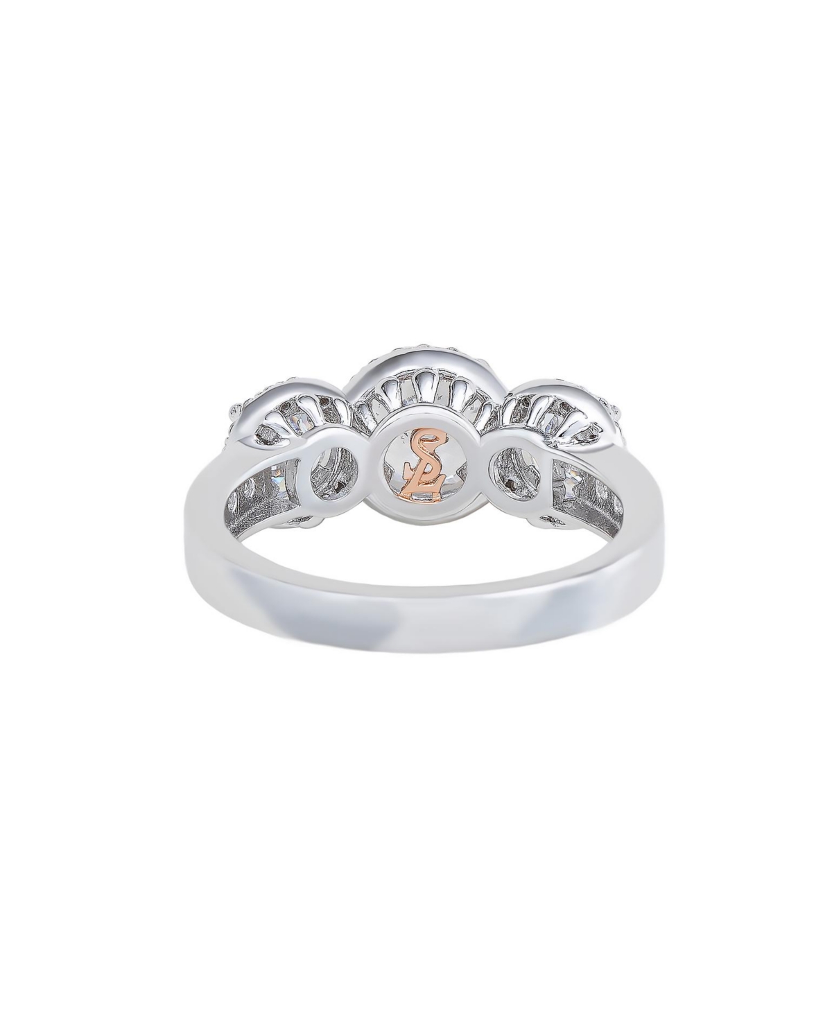 Suzy Levian Sterling Silver Cubic Zirconia White Three Stones Halo Center Stone Ring