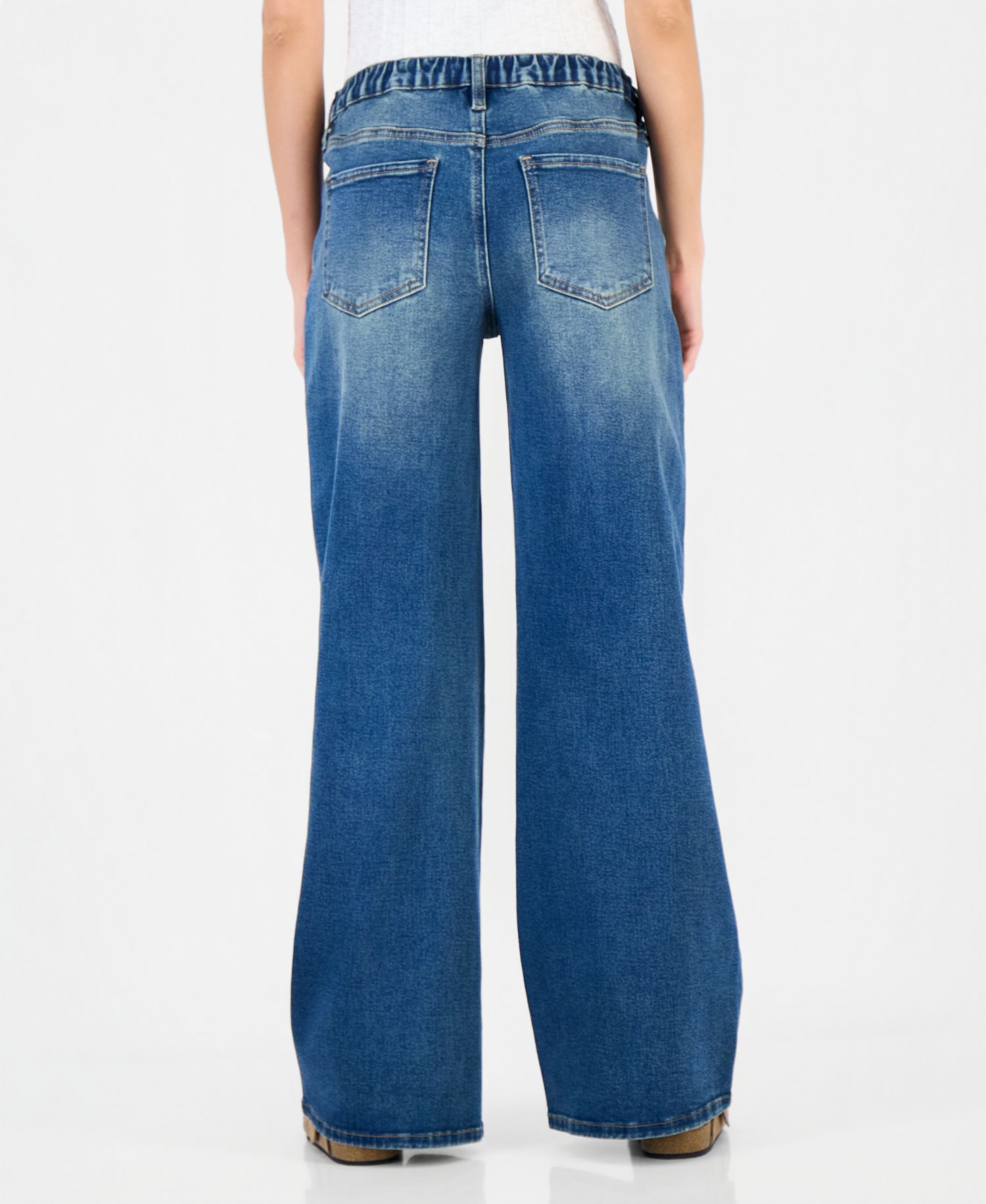 Juniors' Asym Elastic Back Waist High-Rise Wide-Leg Jeans