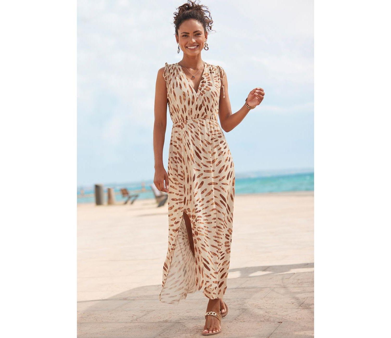 Women's Viscose Printed Tie Detail V-Neck Elastic-Waist Maxi Dress