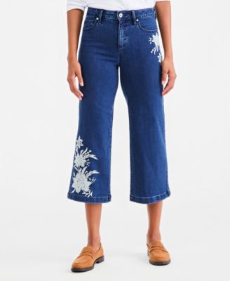 Petite Freya High-Rise Wide-Leg Floral-Embroidered Jeans