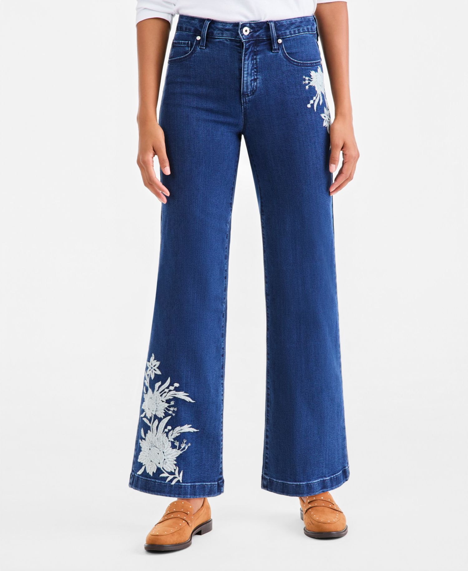 Petite Freya High-Rise Wide-Leg Floral-Embroidered Jeans