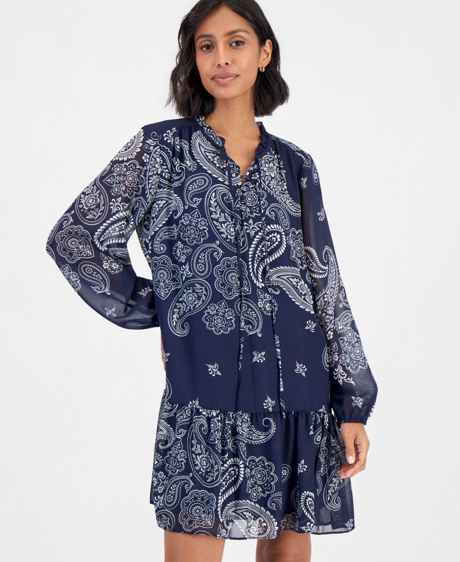 Women's Long-Sleeve Tiered Chiffon Mini Dress