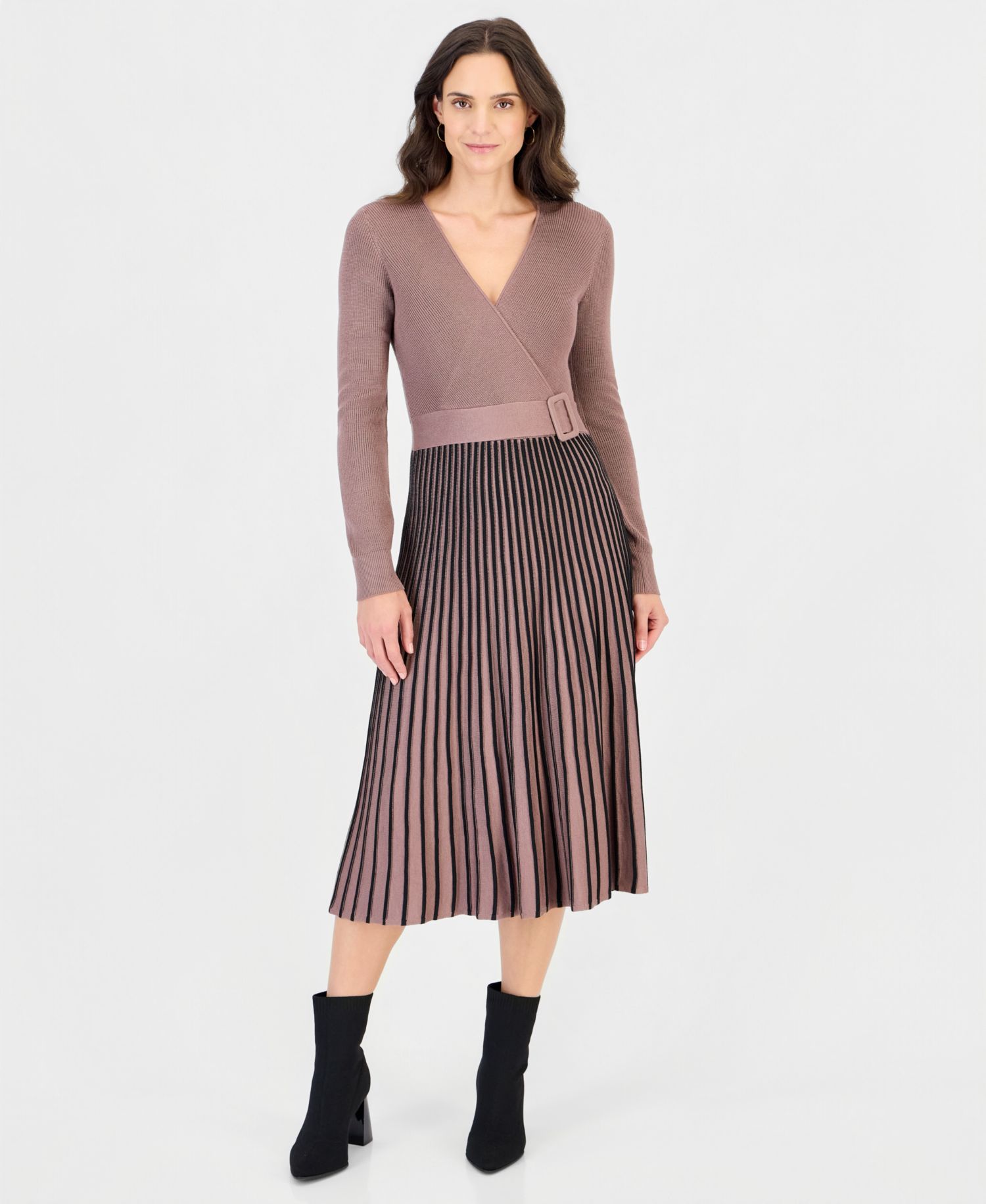 Petite Two-Tone Belted Sweater Dress