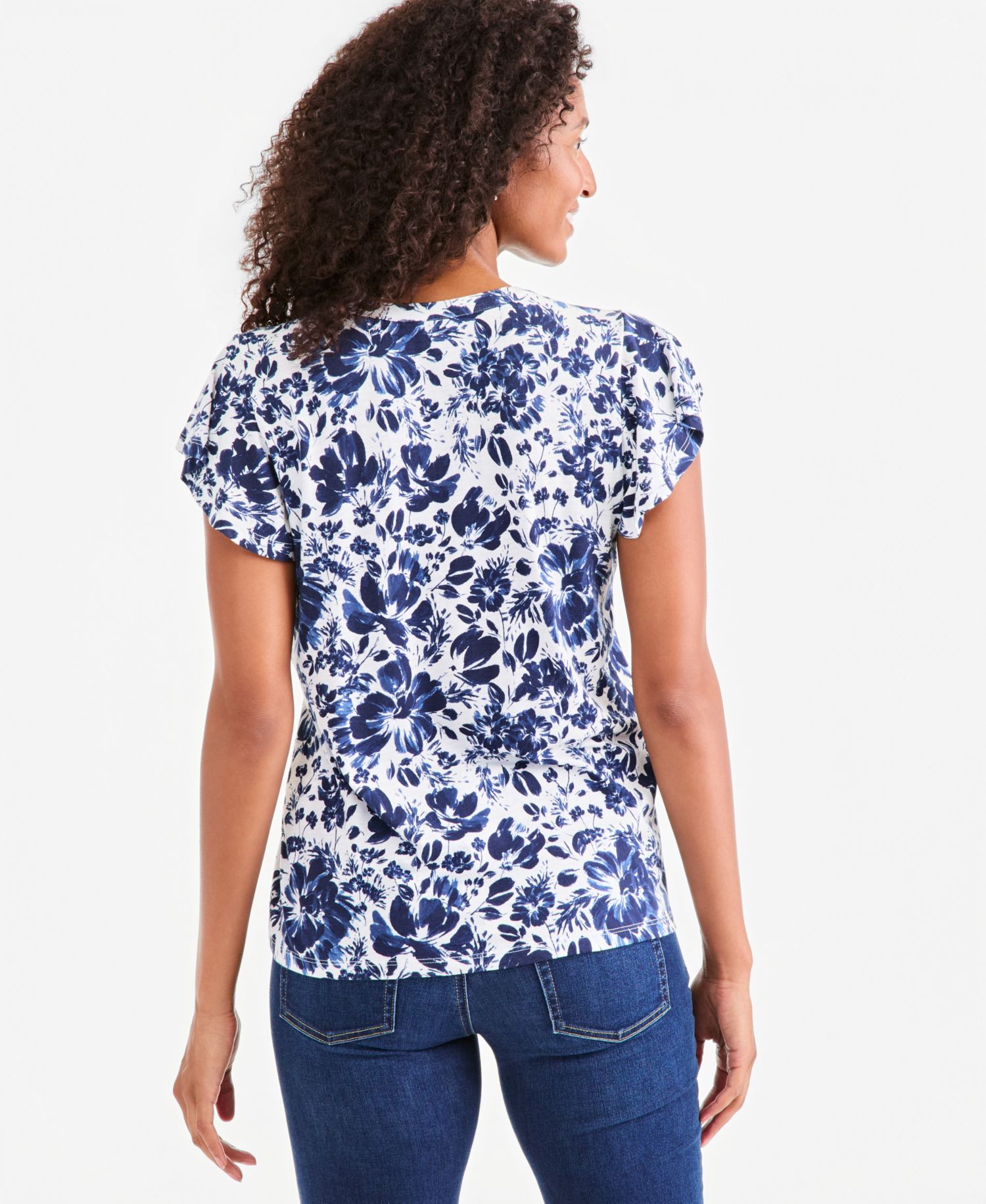 Petite Flutter-Sleeve Floral V-Neck Blouse