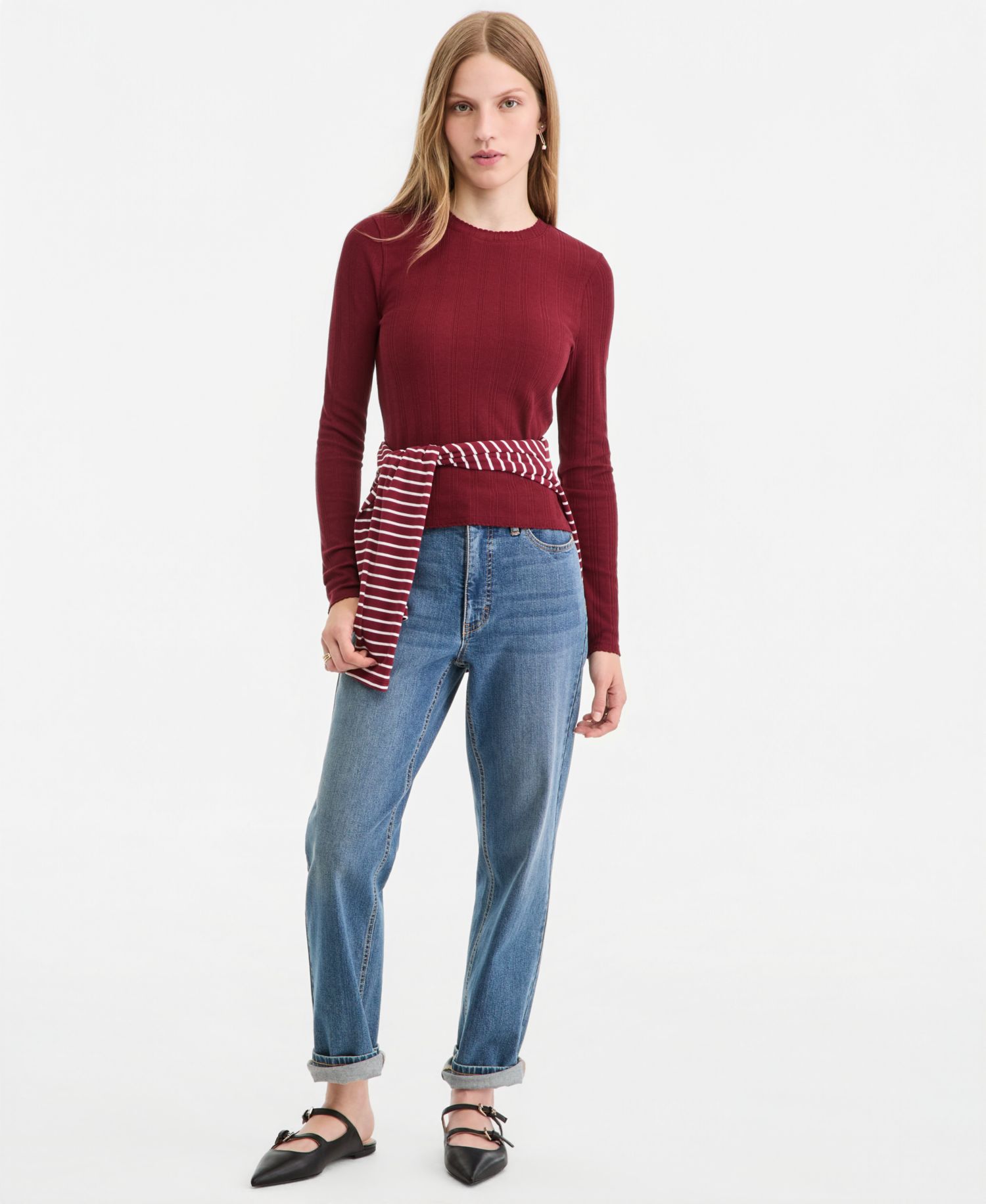 Plus Size Long-Sleeve Pointelle Cropped Meet & Greet T-Shirt