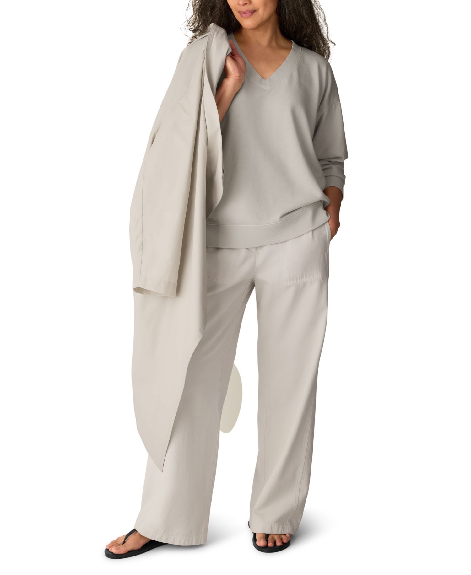 Women's Oversized Long-Sleeve Cotton Garment-Dyed V-Neck Top