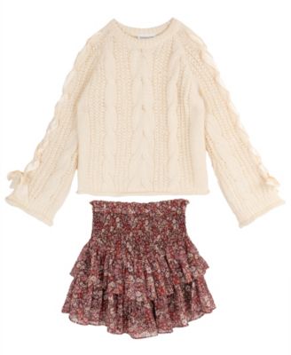 Girls' 7-12 Cable-Knit Sweater and Floral Lurex Chiffon Skort, 2-Piece Set