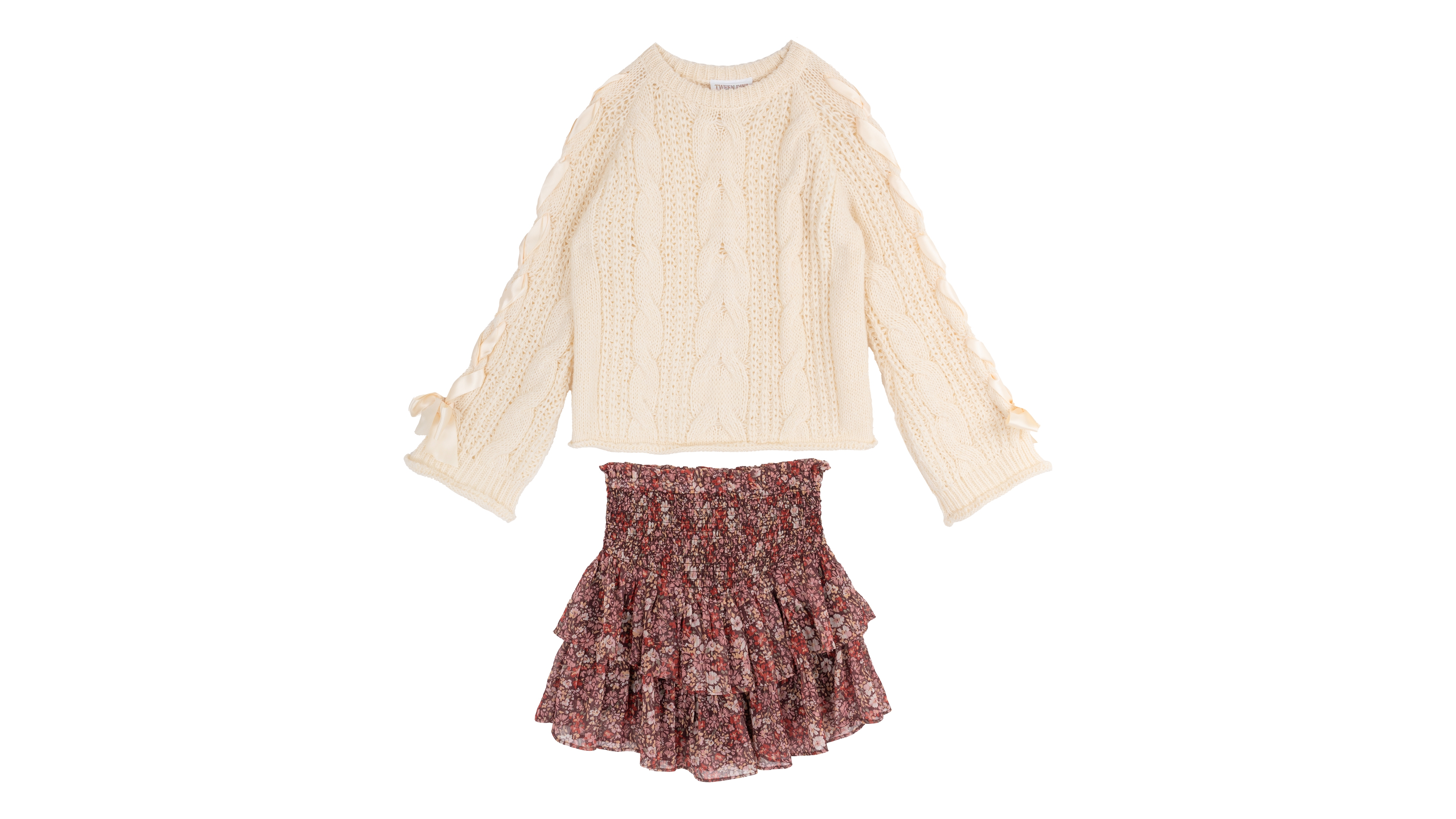 Tween Diva Girls' 7-12 Cable-Knit Sweater and Floral Lurex Chiffon Skort, 2-Piece Set